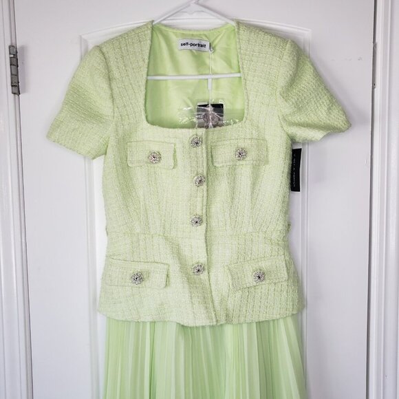 Self Portrait Boucle Chiffon Pleated Midi Dress Womens 6 Lime Tweed Belted NEW - Picture 3 of 16